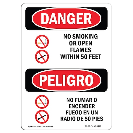 OSHA Danger, No Smoking Or Open Flames 50 Feet Bilingual, 24in X 18in Rigid Plastic